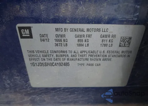 2012 Chevrolet Sonic 1Lt из США, поврежденный, VIN 1G1JD5SH0C4192485